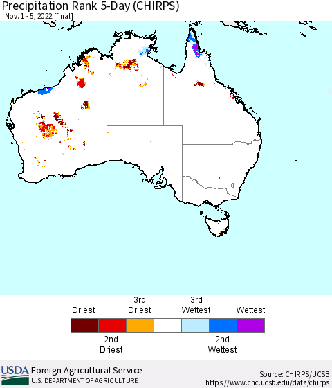 Australia Precipitation Rank since 1981, 5-Day (CHIRPS) Thematic Map For 11/1/2022 - 11/5/2022