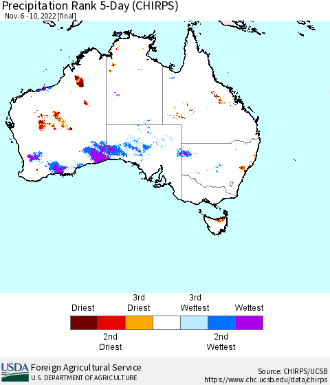 Australia Precipitation Rank since 1981, 5-Day (CHIRPS) Thematic Map For 11/6/2022 - 11/10/2022
