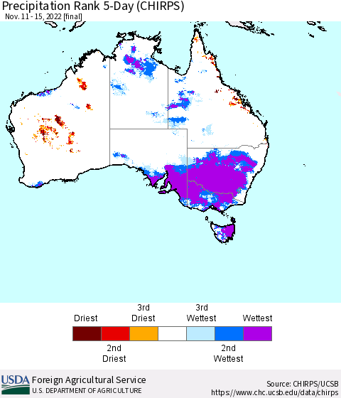 Australia Precipitation Rank since 1981, 5-Day (CHIRPS) Thematic Map For 11/11/2022 - 11/15/2022