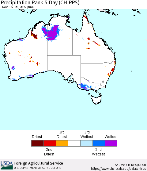 Australia Precipitation Rank since 1981, 5-Day (CHIRPS) Thematic Map For 11/16/2022 - 11/20/2022