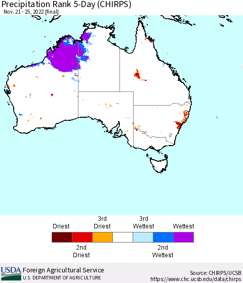 Australia Precipitation Rank since 1981, 5-Day (CHIRPS) Thematic Map For 11/21/2022 - 11/25/2022