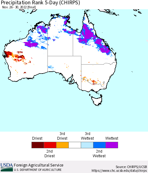 Australia Precipitation Rank since 1981, 5-Day (CHIRPS) Thematic Map For 11/26/2022 - 11/30/2022