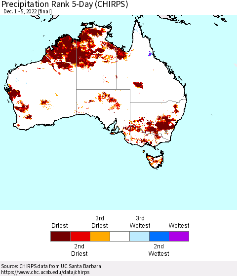 Australia Precipitation Rank since 1981, 5-Day (CHIRPS) Thematic Map For 12/1/2022 - 12/5/2022