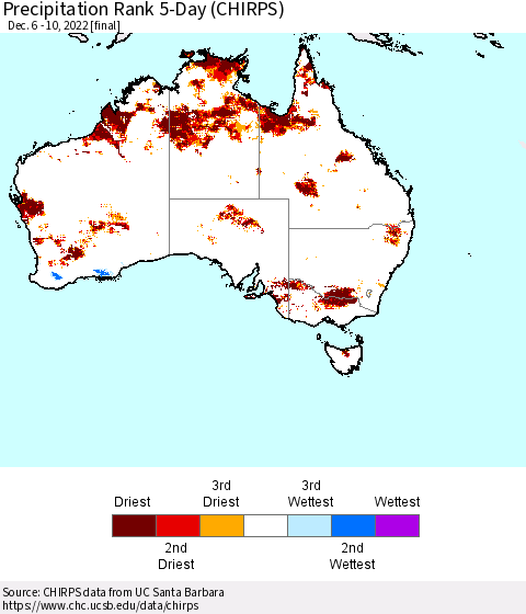 Australia Precipitation Rank since 1981, 5-Day (CHIRPS) Thematic Map For 12/6/2022 - 12/10/2022