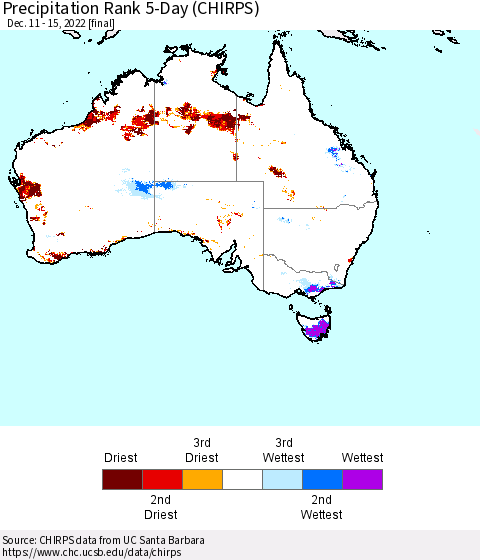 Australia Precipitation Rank since 1981, 5-Day (CHIRPS) Thematic Map For 12/11/2022 - 12/15/2022