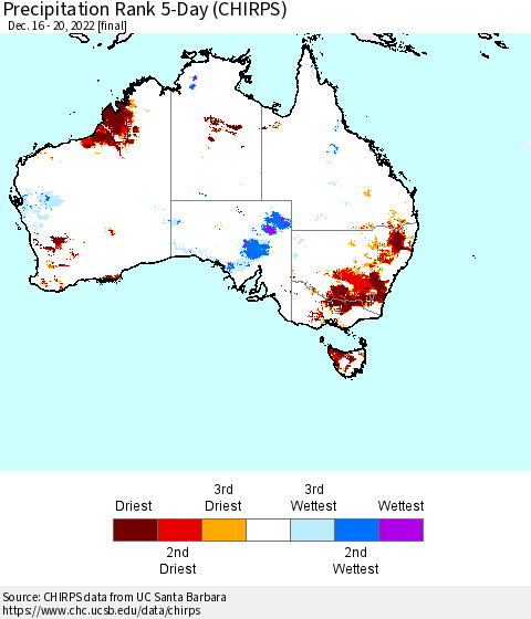 Australia Precipitation Rank since 1981, 5-Day (CHIRPS) Thematic Map For 12/16/2022 - 12/20/2022