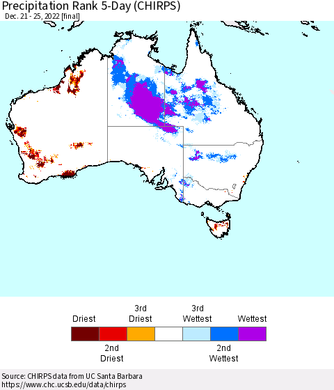 Australia Precipitation Rank since 1981, 5-Day (CHIRPS) Thematic Map For 12/21/2022 - 12/25/2022