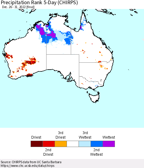 Australia Precipitation Rank since 1981, 5-Day (CHIRPS) Thematic Map For 12/26/2022 - 12/31/2022
