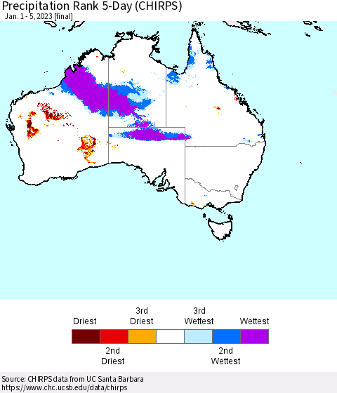 Australia Precipitation Rank since 1981, 5-Day (CHIRPS) Thematic Map For 1/1/2023 - 1/5/2023