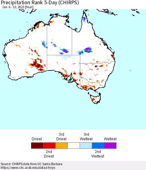 Australia Precipitation Rank since 1981, 5-Day (CHIRPS) Thematic Map For 1/6/2023 - 1/10/2023