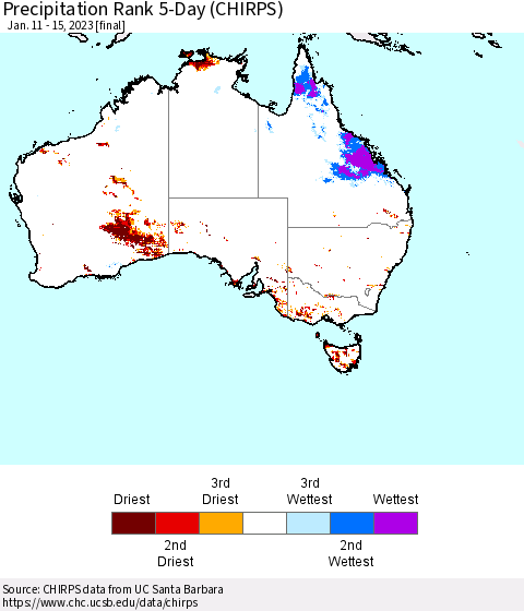 Australia Precipitation Rank since 1981, 5-Day (CHIRPS) Thematic Map For 1/11/2023 - 1/15/2023