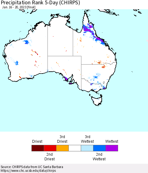 Australia Precipitation Rank since 1981, 5-Day (CHIRPS) Thematic Map For 1/16/2023 - 1/20/2023