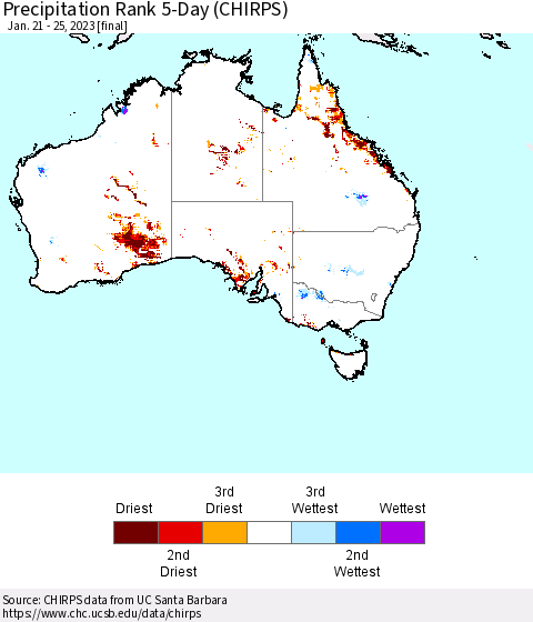 Australia Precipitation Rank since 1981, 5-Day (CHIRPS) Thematic Map For 1/21/2023 - 1/25/2023