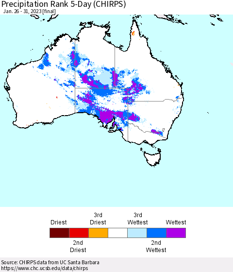 Australia Precipitation Rank since 1981, 5-Day (CHIRPS) Thematic Map For 1/26/2023 - 1/31/2023