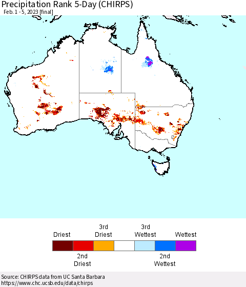 Australia Precipitation Rank since 1981, 5-Day (CHIRPS) Thematic Map For 2/1/2023 - 2/5/2023