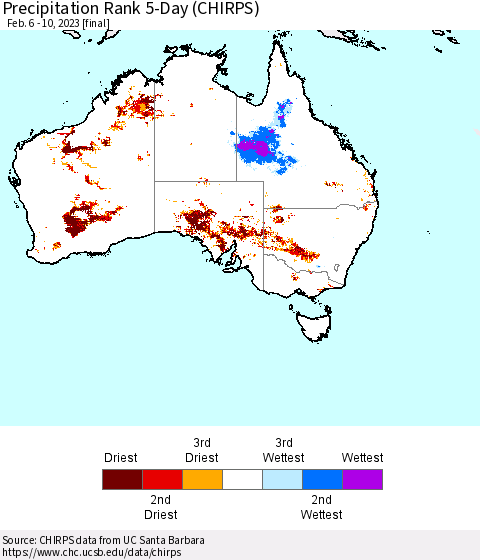 Australia Precipitation Rank since 1981, 5-Day (CHIRPS) Thematic Map For 2/6/2023 - 2/10/2023
