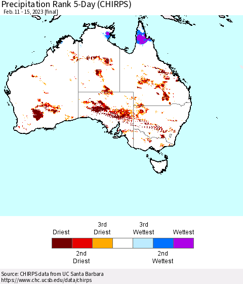 Australia Precipitation Rank since 1981, 5-Day (CHIRPS) Thematic Map For 2/11/2023 - 2/15/2023