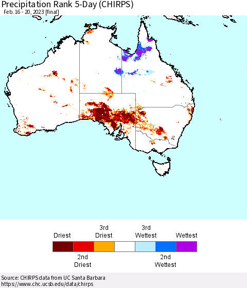 Australia Precipitation Rank since 1981, 5-Day (CHIRPS) Thematic Map For 2/16/2023 - 2/20/2023
