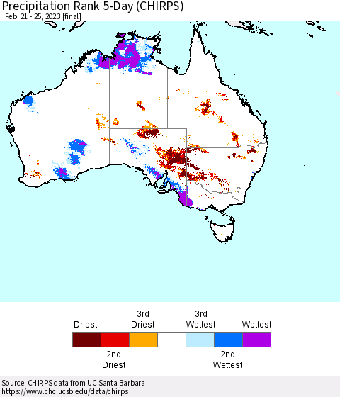 Australia Precipitation Rank since 1981, 5-Day (CHIRPS) Thematic Map For 2/21/2023 - 2/25/2023