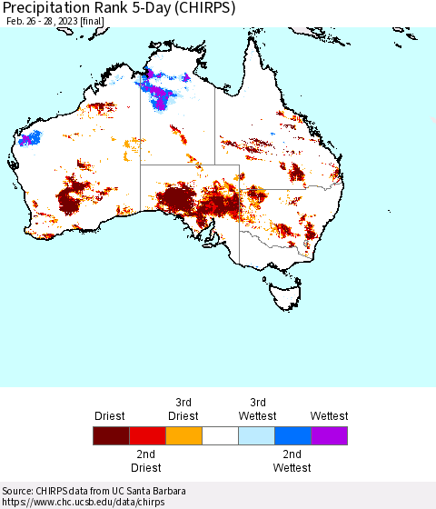 Australia Precipitation Rank since 1981, 5-Day (CHIRPS) Thematic Map For 2/26/2023 - 2/28/2023