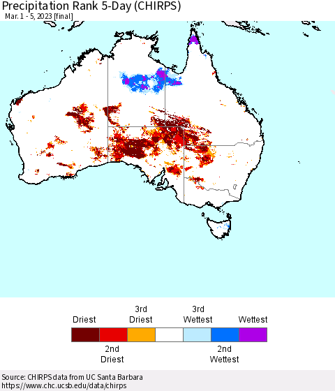 Australia Precipitation Rank since 1981, 5-Day (CHIRPS) Thematic Map For 3/1/2023 - 3/5/2023