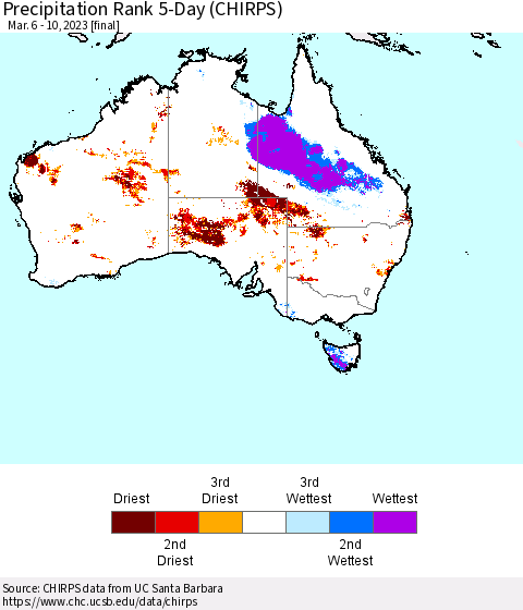 Australia Precipitation Rank since 1981, 5-Day (CHIRPS) Thematic Map For 3/6/2023 - 3/10/2023