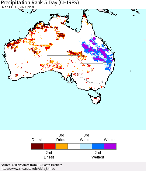 Australia Precipitation Rank since 1981, 5-Day (CHIRPS) Thematic Map For 3/11/2023 - 3/15/2023
