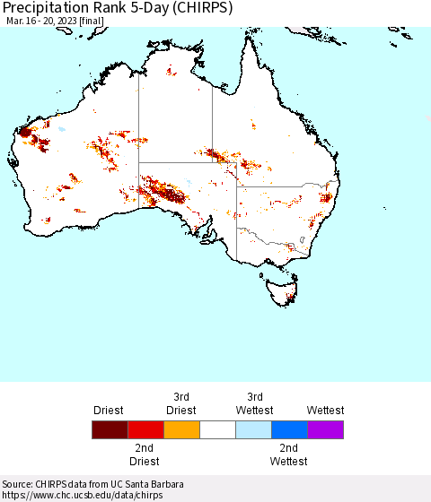 Australia Precipitation Rank since 1981, 5-Day (CHIRPS) Thematic Map For 3/16/2023 - 3/20/2023