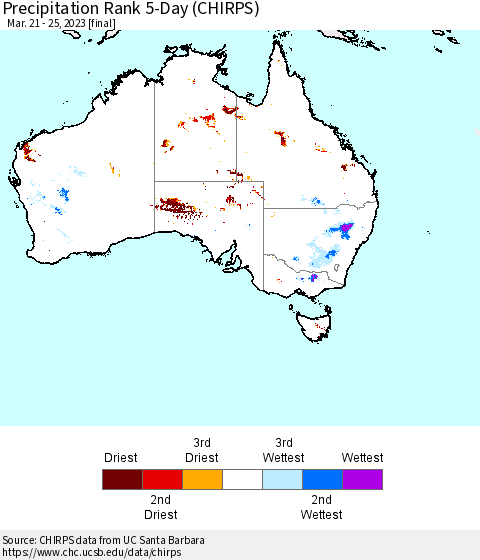 Australia Precipitation Rank since 1981, 5-Day (CHIRPS) Thematic Map For 3/21/2023 - 3/25/2023