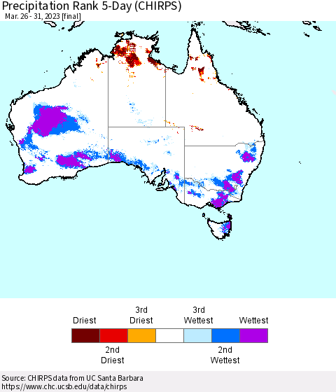 Australia Precipitation Rank since 1981, 5-Day (CHIRPS) Thematic Map For 3/26/2023 - 3/31/2023
