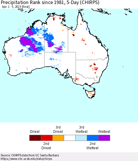 Australia Precipitation Rank since 1981, 5-Day (CHIRPS) Thematic Map For 4/1/2023 - 4/5/2023