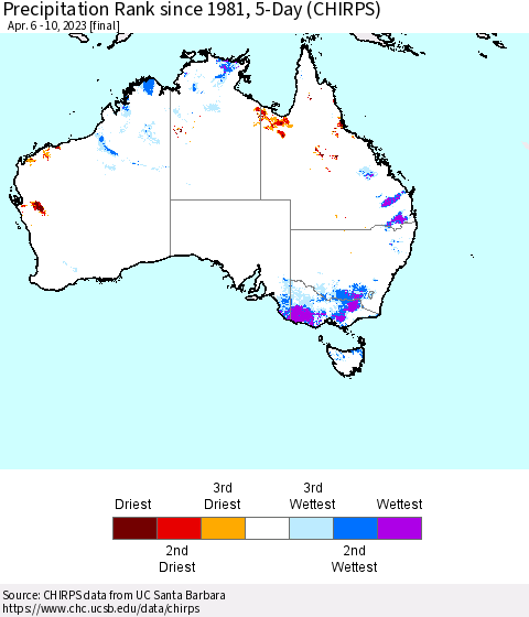 Australia Precipitation Rank since 1981, 5-Day (CHIRPS) Thematic Map For 4/6/2023 - 4/10/2023
