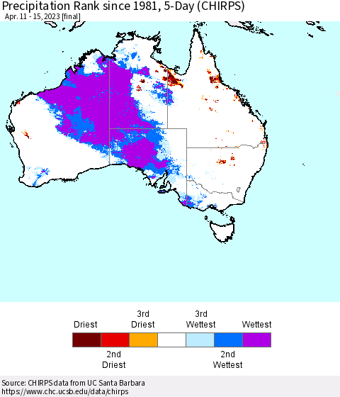 Australia Precipitation Rank since 1981, 5-Day (CHIRPS) Thematic Map For 4/11/2023 - 4/15/2023