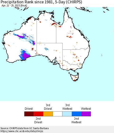 Australia Precipitation Rank since 1981, 5-Day (CHIRPS) Thematic Map For 4/21/2023 - 4/25/2023