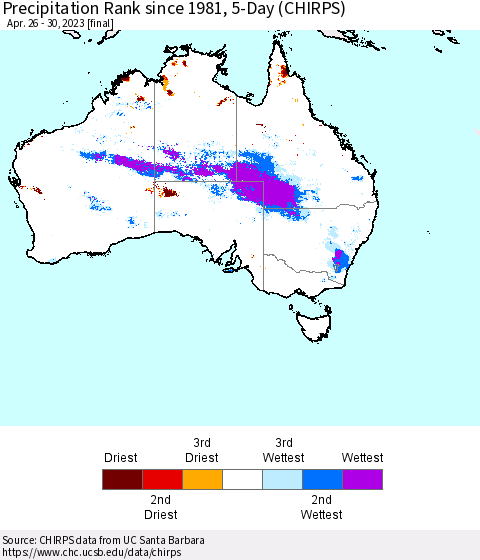 Australia Precipitation Rank since 1981, 5-Day (CHIRPS) Thematic Map For 4/26/2023 - 4/30/2023