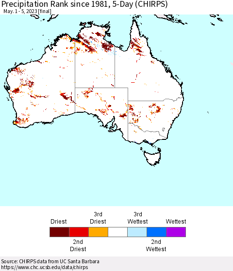 Australia Precipitation Rank since 1981, 5-Day (CHIRPS) Thematic Map For 5/1/2023 - 5/5/2023
