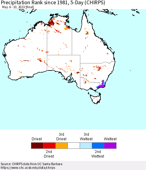 Australia Precipitation Rank since 1981, 5-Day (CHIRPS) Thematic Map For 5/6/2023 - 5/10/2023