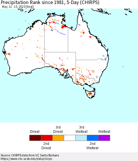Australia Precipitation Rank since 1981, 5-Day (CHIRPS) Thematic Map For 5/11/2023 - 5/15/2023