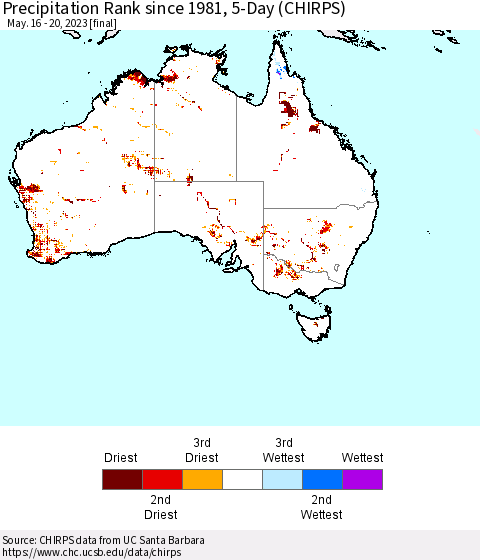 Australia Precipitation Rank since 1981, 5-Day (CHIRPS) Thematic Map For 5/16/2023 - 5/20/2023