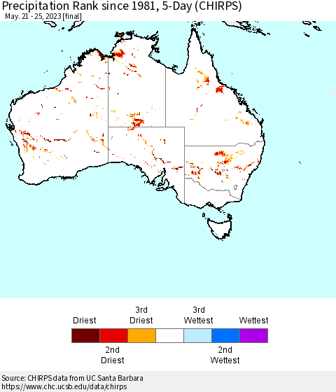 Australia Precipitation Rank since 1981, 5-Day (CHIRPS) Thematic Map For 5/21/2023 - 5/25/2023