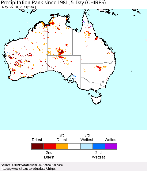 Australia Precipitation Rank since 1981, 5-Day (CHIRPS) Thematic Map For 5/26/2023 - 5/31/2023