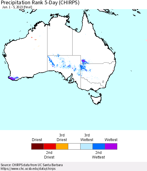 Australia Precipitation Rank since 1981, 5-Day (CHIRPS) Thematic Map For 6/1/2023 - 6/5/2023