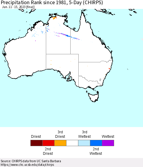 Australia Precipitation Rank since 1981, 5-Day (CHIRPS) Thematic Map For 6/11/2023 - 6/15/2023