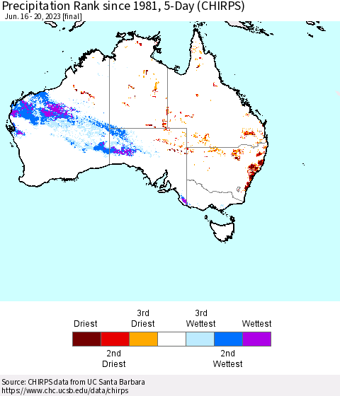 Australia Precipitation Rank since 1981, 5-Day (CHIRPS) Thematic Map For 6/16/2023 - 6/20/2023