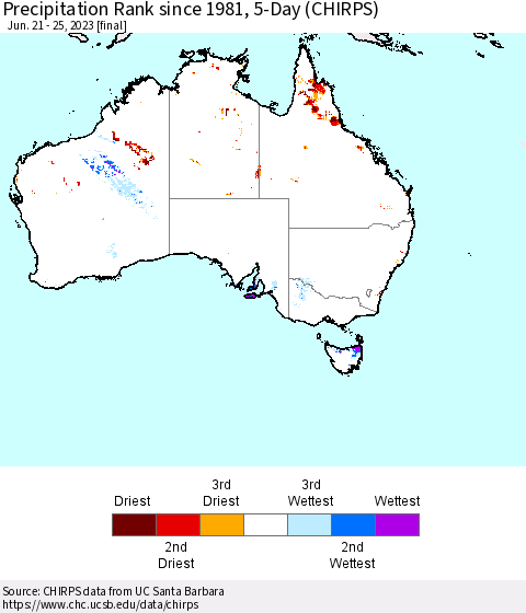 Australia Precipitation Rank since 1981, 5-Day (CHIRPS) Thematic Map For 6/21/2023 - 6/25/2023