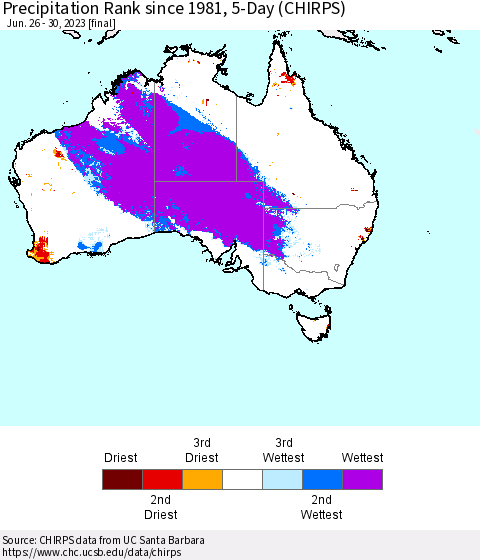 Australia Precipitation Rank since 1981, 5-Day (CHIRPS) Thematic Map For 6/26/2023 - 6/30/2023