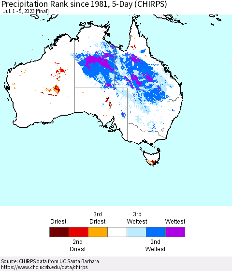 Australia Precipitation Rank since 1981, 5-Day (CHIRPS) Thematic Map For 7/1/2023 - 7/5/2023