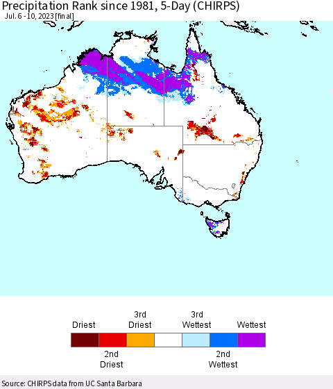Australia Precipitation Rank since 1981, 5-Day (CHIRPS) Thematic Map For 7/6/2023 - 7/10/2023