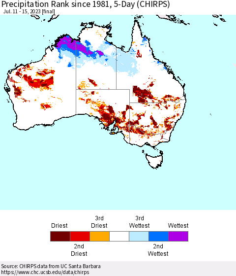 Australia Precipitation Rank since 1981, 5-Day (CHIRPS) Thematic Map For 7/11/2023 - 7/15/2023