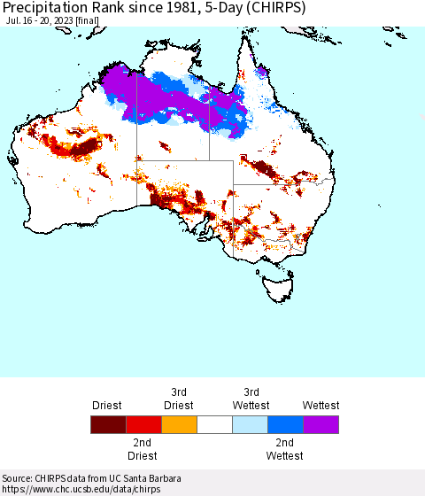 Australia Precipitation Rank since 1981, 5-Day (CHIRPS) Thematic Map For 7/16/2023 - 7/20/2023